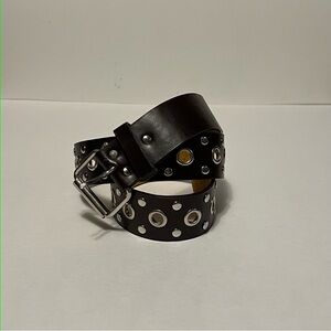 Y2K dark brown leather studded belt with silver hardware
